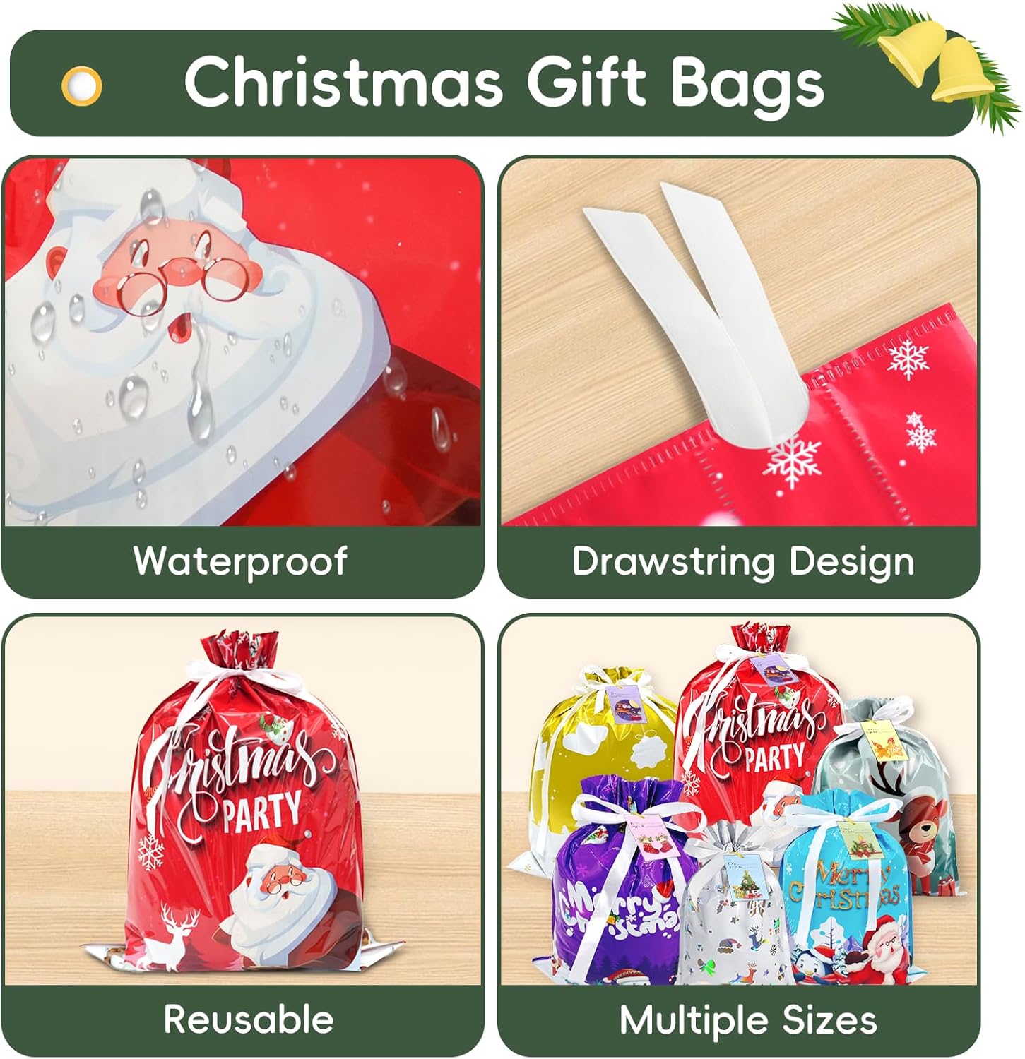 30Pcs Christmas Drawstring Gift Bags - Assorted Sizes Large Medium Small Present Wrapping Bags With Tags for Xmas Party