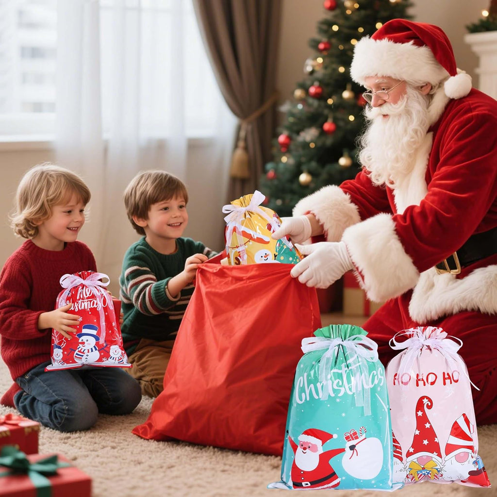 32 Pack Christmas Drawstring Gift Bags – 9 Festive Designs & 5 Sizes Large Medium Small | Reusable Foil Xmas Gift Bags for Presents, Candy, Toys & Party Favors | Holiday Gift Wrapping Bags Multipack