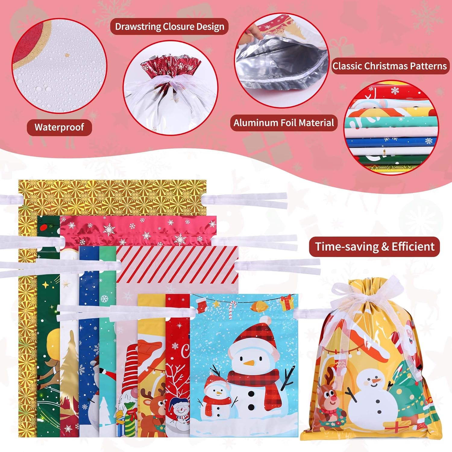 32 Pack Christmas Drawstring Gift Bags – 9 Festive Designs & 5 Sizes Large Medium Small | Reusable Foil Xmas Gift Bags for Presents, Candy, Toys & Party Favors | Holiday Gift Wrapping Bags Multipack