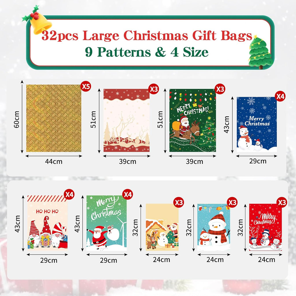 32 Pack Christmas Drawstring Gift Bags – 9 Festive Designs & 5 Sizes Large Medium Small | Reusable Foil Xmas Gift Bags for Presents, Candy, Toys & Party Favors | Holiday Gift Wrapping Bags Multipack