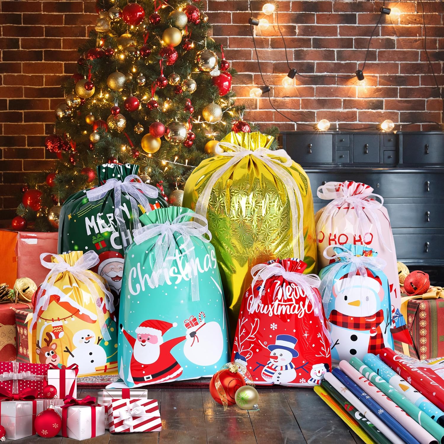 32 Pack Christmas Drawstring Gift Bags – 9 Festive Designs & 5 Sizes Large Medium Small | Reusable Foil Xmas Gift Bags for Presents, Candy, Toys & Party Favors | Holiday Gift Wrapping Bags Multipack