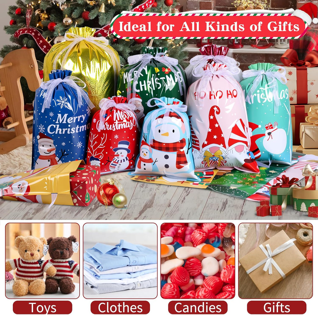 32 Pack Christmas Drawstring Gift Bags – 9 Festive Designs & 5 Sizes Large Medium Small | Reusable Foil Xmas Gift Bags for Presents, Candy, Toys & Party Favors | Holiday Gift Wrapping Bags Multipack