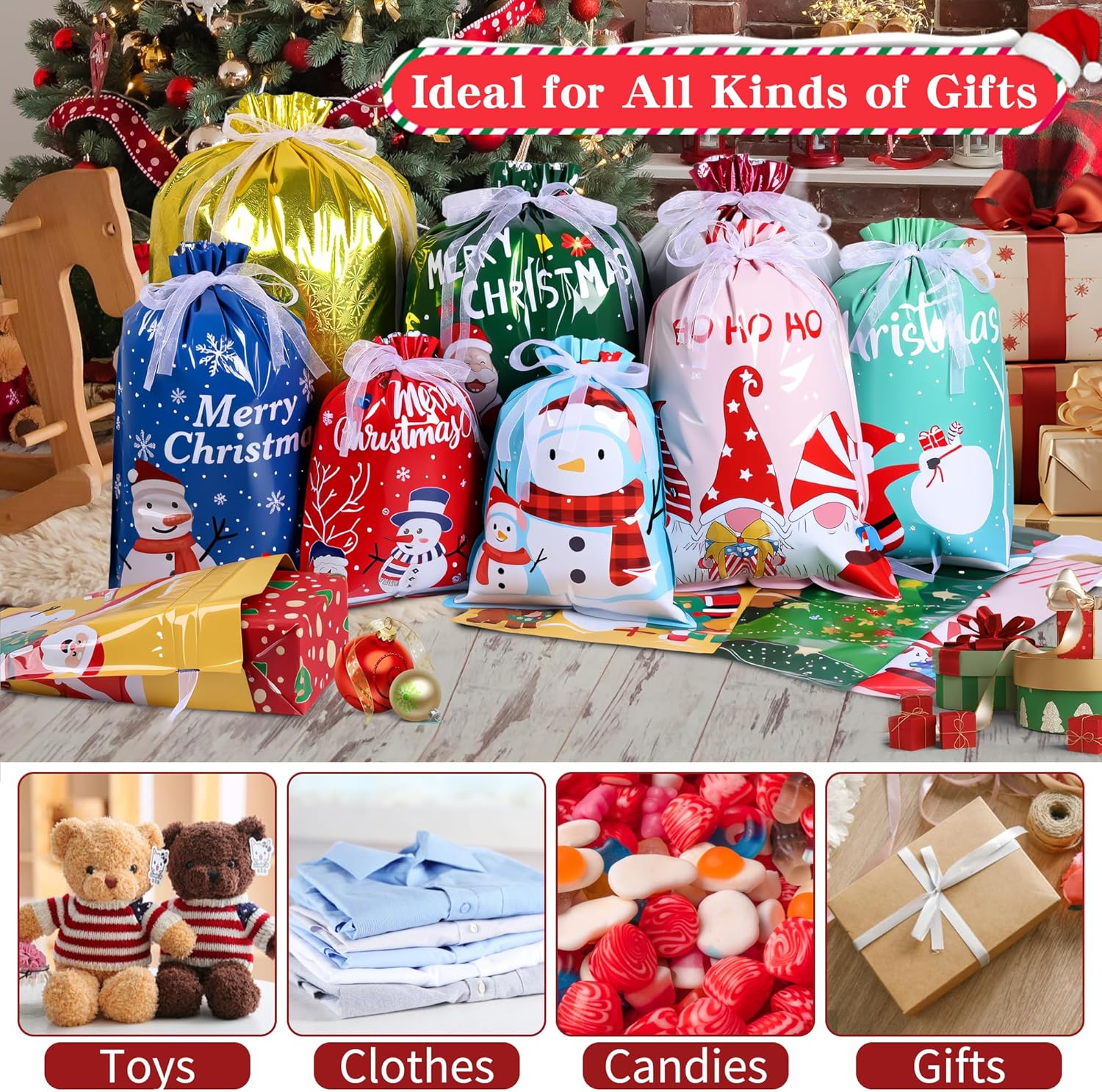 32 Pack Christmas Drawstring Gift Bags – 9 Festive Designs & 5 Sizes Large Medium Small | Reusable Foil Xmas Gift Bags for Presents, Candy, Toys & Party Favors | Holiday Gift Wrapping Bags Multipack