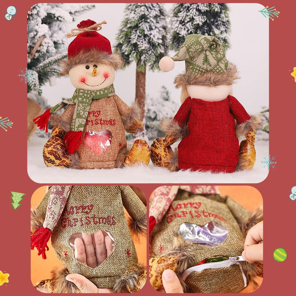 3Pcs Flax Christmas Apple Bags Zipper Reusable 2024 New Chritmas Eva Santa Snowman Snowflake Deer Shaped Apple Candy Bags Bulk Storages For Chritmas Party Decor