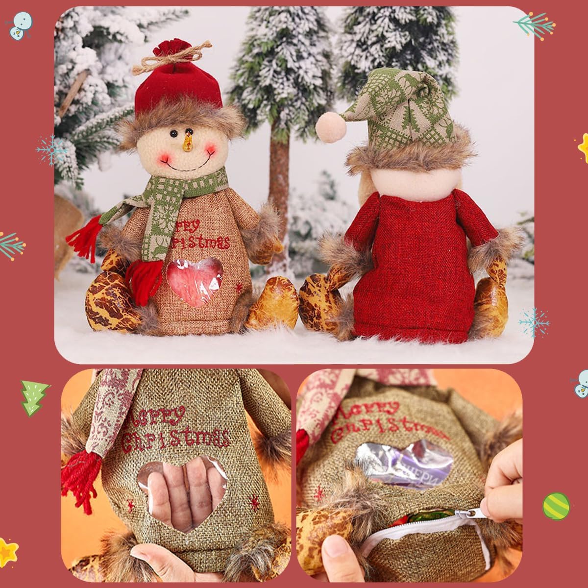 3Pcs Flax Christmas Apple Bags Zipper Reusable 2024 New Chritmas Eva Santa Snowman Snowflake Deer Shaped Apple Candy Bags Bulk Storages For Chritmas Party Decor