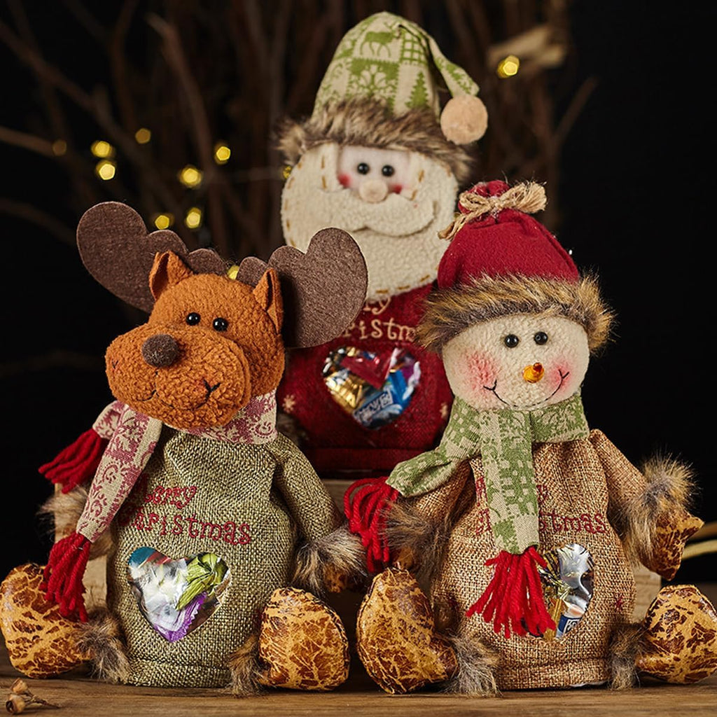 3Pcs Flax Christmas Apple Bags Zipper Reusable 2024 New Chritmas Eva Santa Snowman Snowflake Deer Shaped Apple Candy Bags Bulk Storages For Chritmas Party Decor