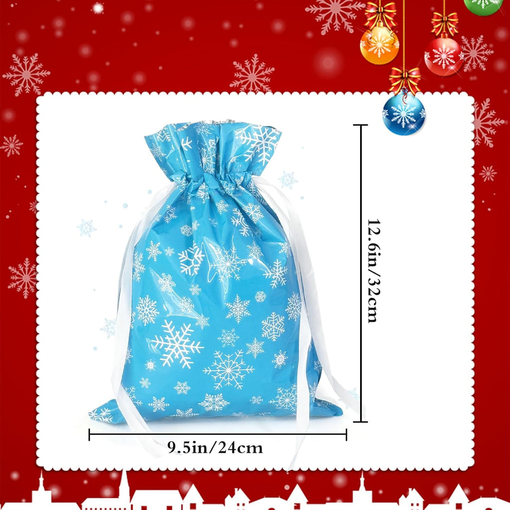 4-Pack Christmas Gift Bags – 24 x 32cm Blue & White Snowflake Drawstring Wrapping Bags, Reusable Holiday Gift Bags for Presents, Toys, Party Favors