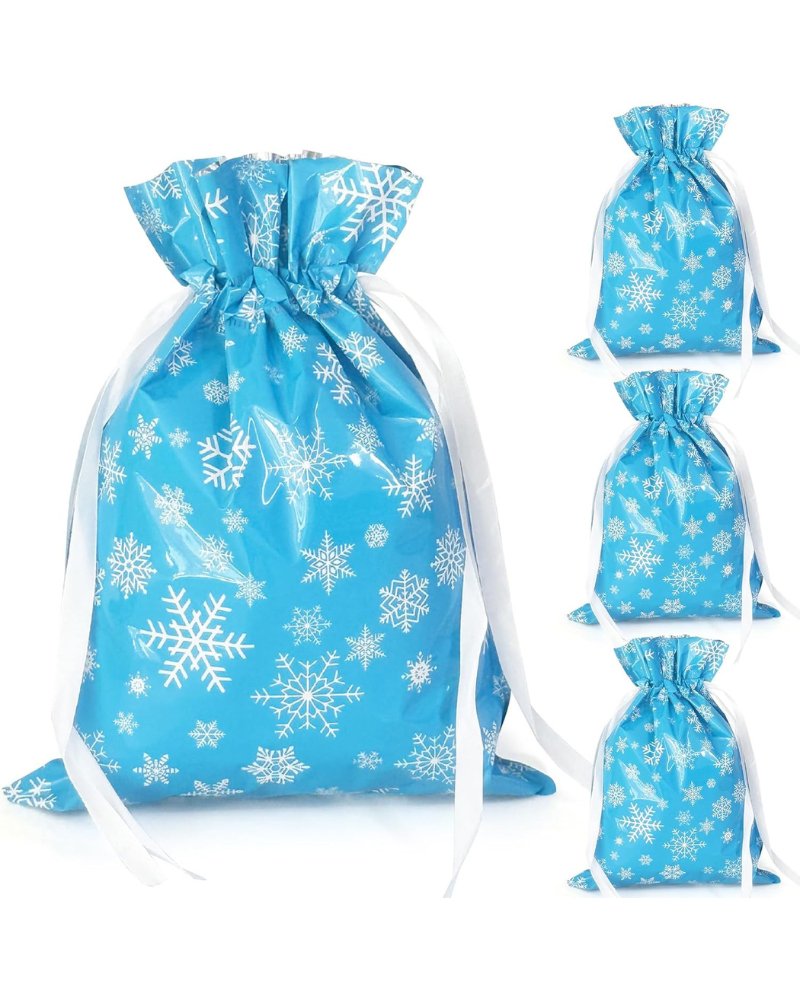 4-Pack Christmas Gift Bags – 24 x 32cm Blue & White Snowflake Drawstring Wrapping Bags, Reusable Holiday Gift Bags for Presents, Toys, Party Favors
