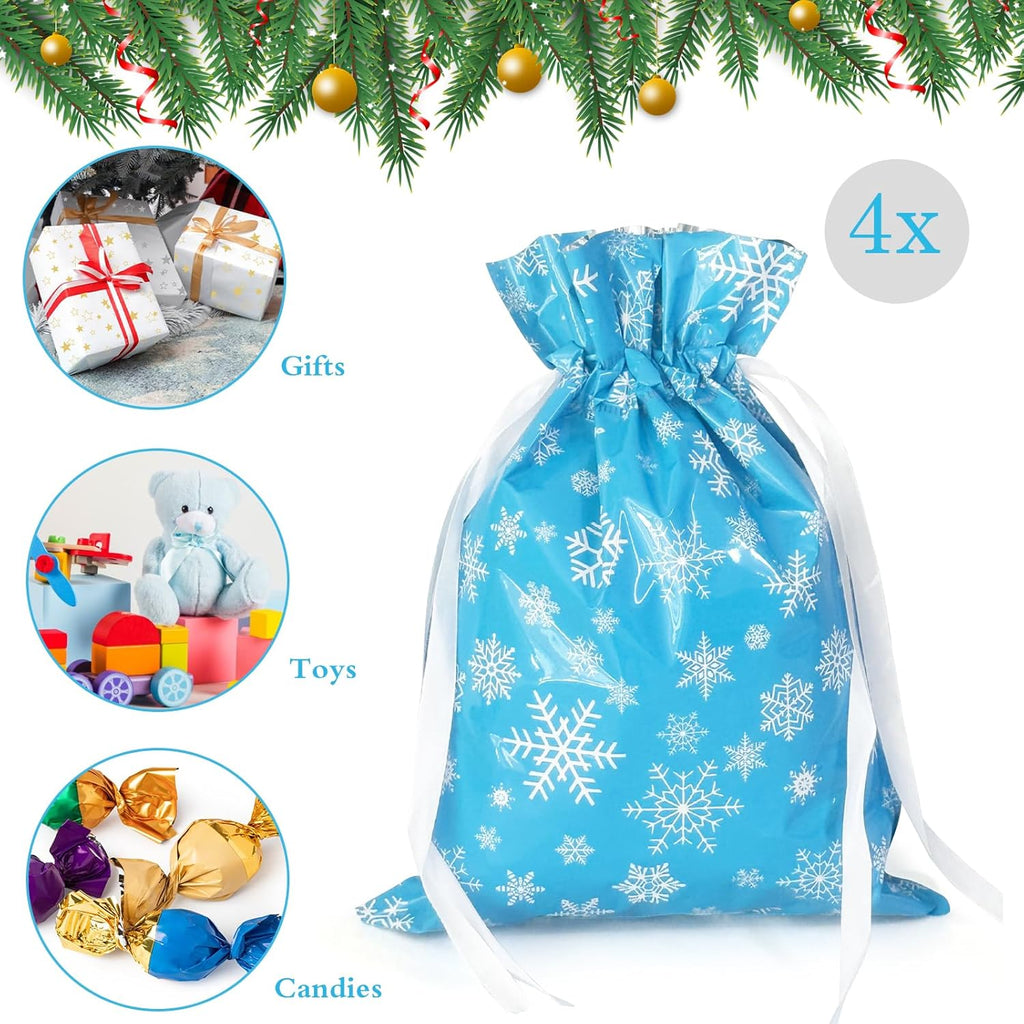 4-Pack Christmas Gift Bags – 24 x 32cm Blue & White Snowflake Drawstring Wrapping Bags, Reusable Holiday Gift Bags for Presents, Toys, Party Favors