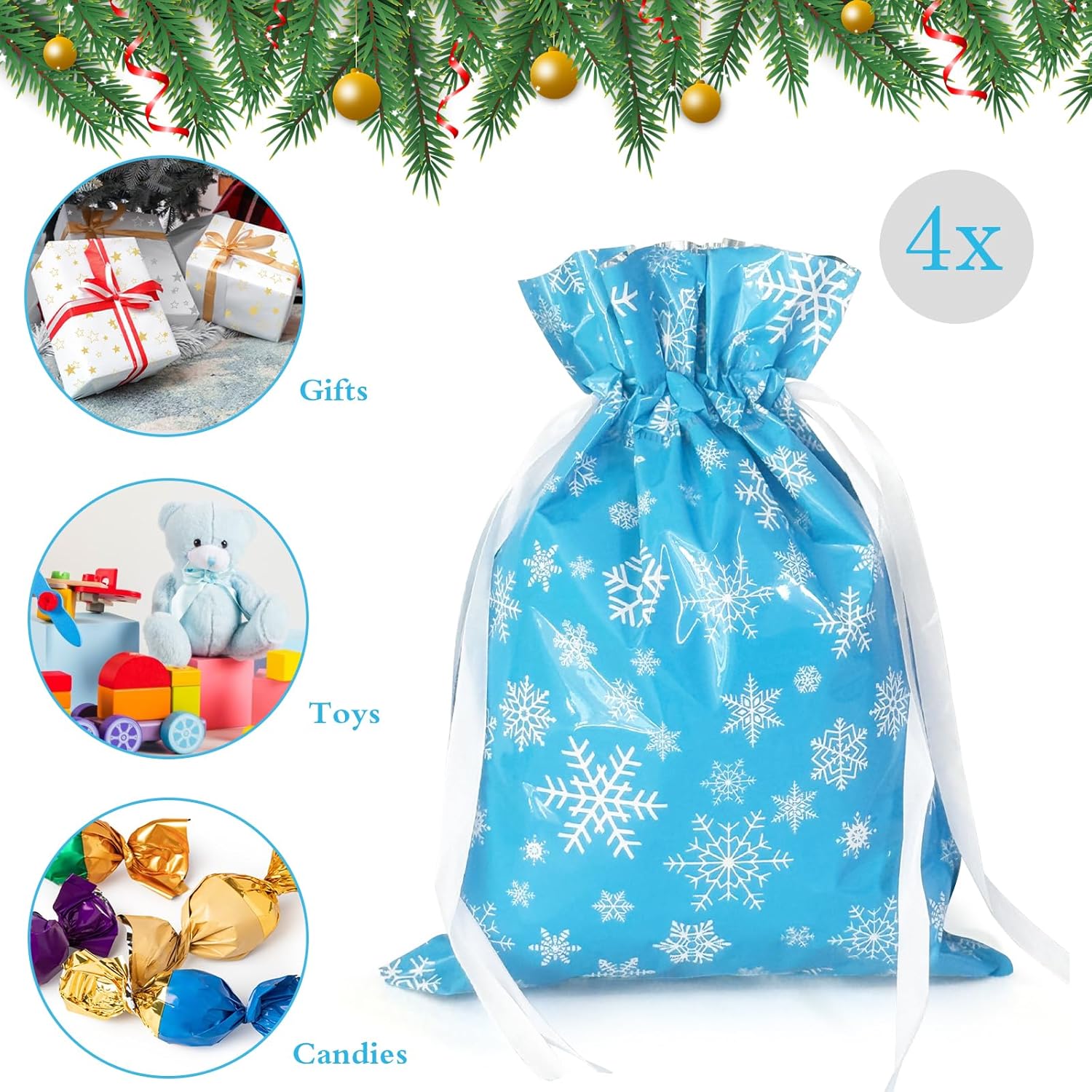 4-Pack Christmas Gift Bags – 24 x 32cm Blue & White Snowflake Drawstring Wrapping Bags, Reusable Holiday Gift Bags for Presents, Toys, Party Favors