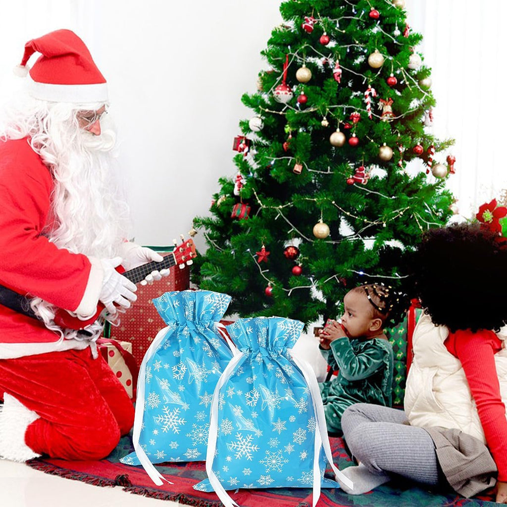 4-Pack Christmas Gift Bags – 24 x 32cm Blue & White Snowflake Drawstring Wrapping Bags, Reusable Holiday Gift Bags for Presents, Toys, Party Favors