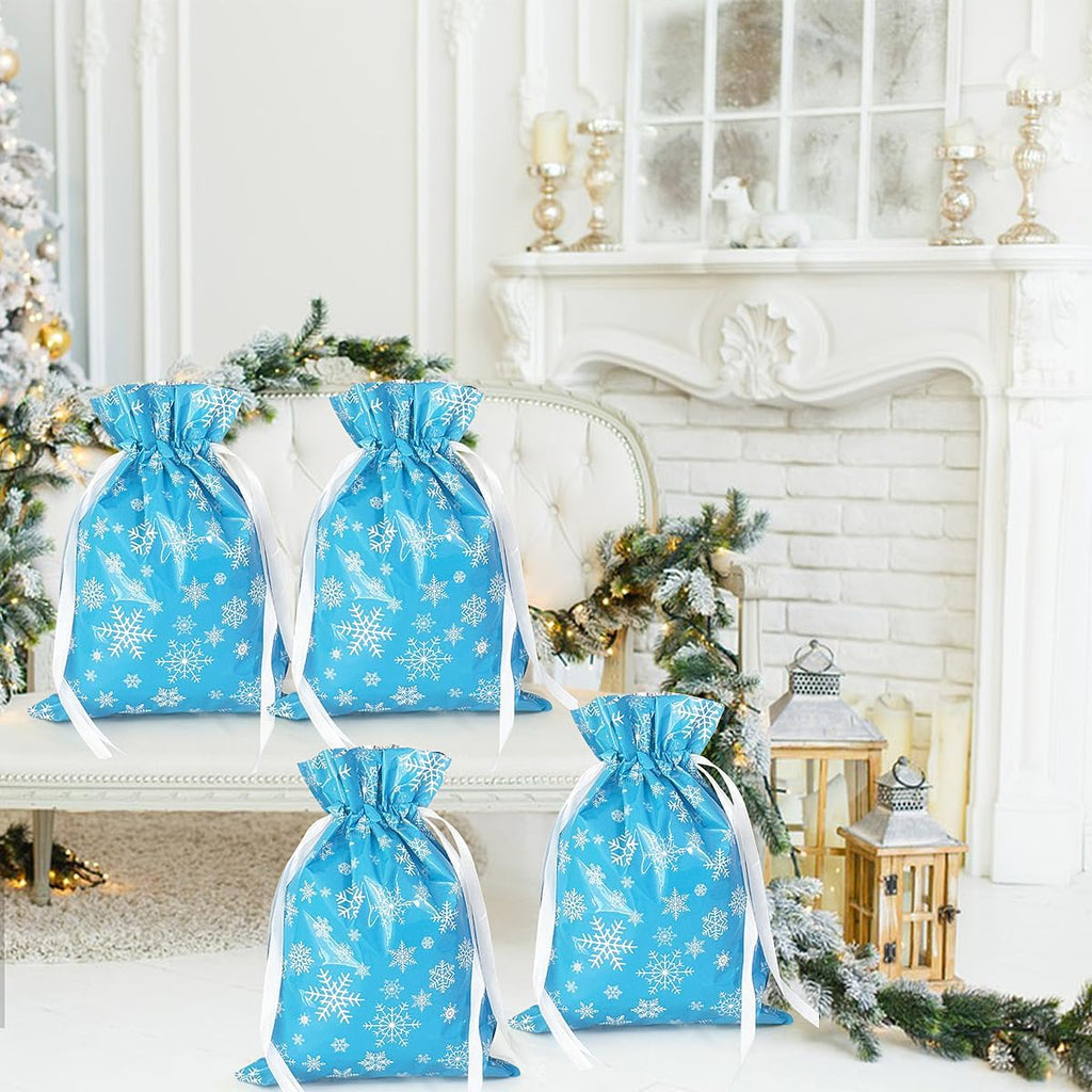4-Pack Christmas Gift Bags – 24 x 32cm Blue & White Snowflake Drawstring Wrapping Bags, Reusable Holiday Gift Bags for Presents, Toys, Party Favors