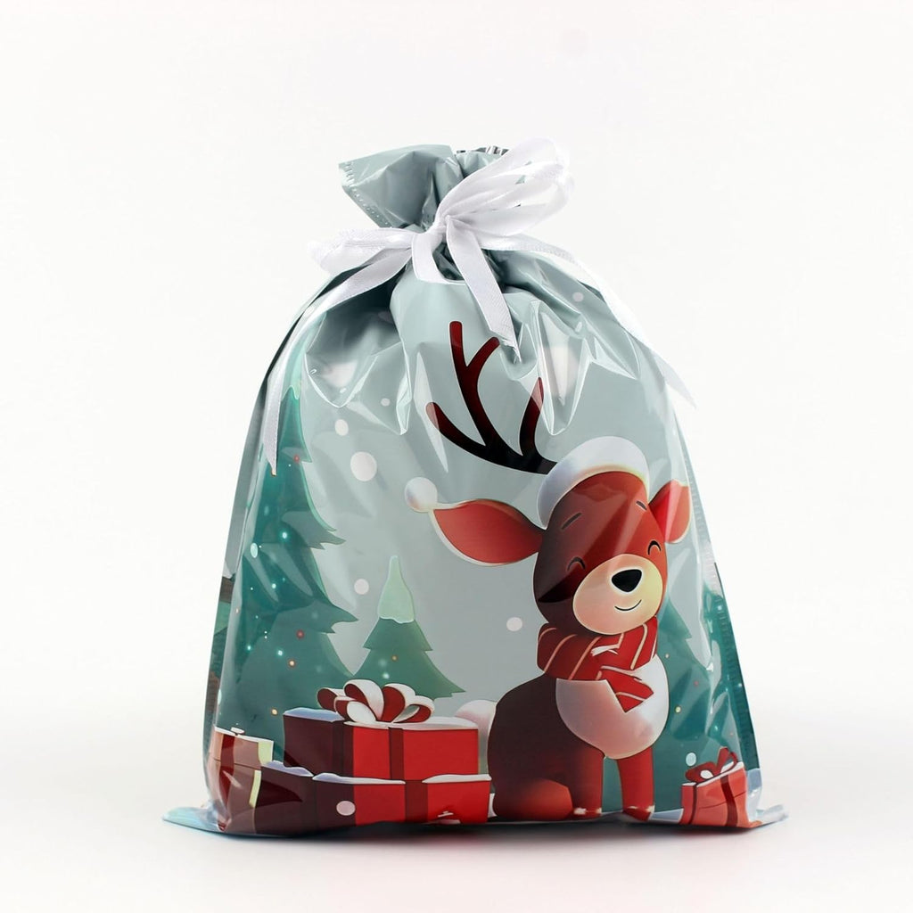 4-Pack Christmas Gift Bags – 24 x 32cm Red & Green Reindeer Drawstring Wrapping Bags, Reusable Holiday Gift Bags for Presents, Toys, Party Favors