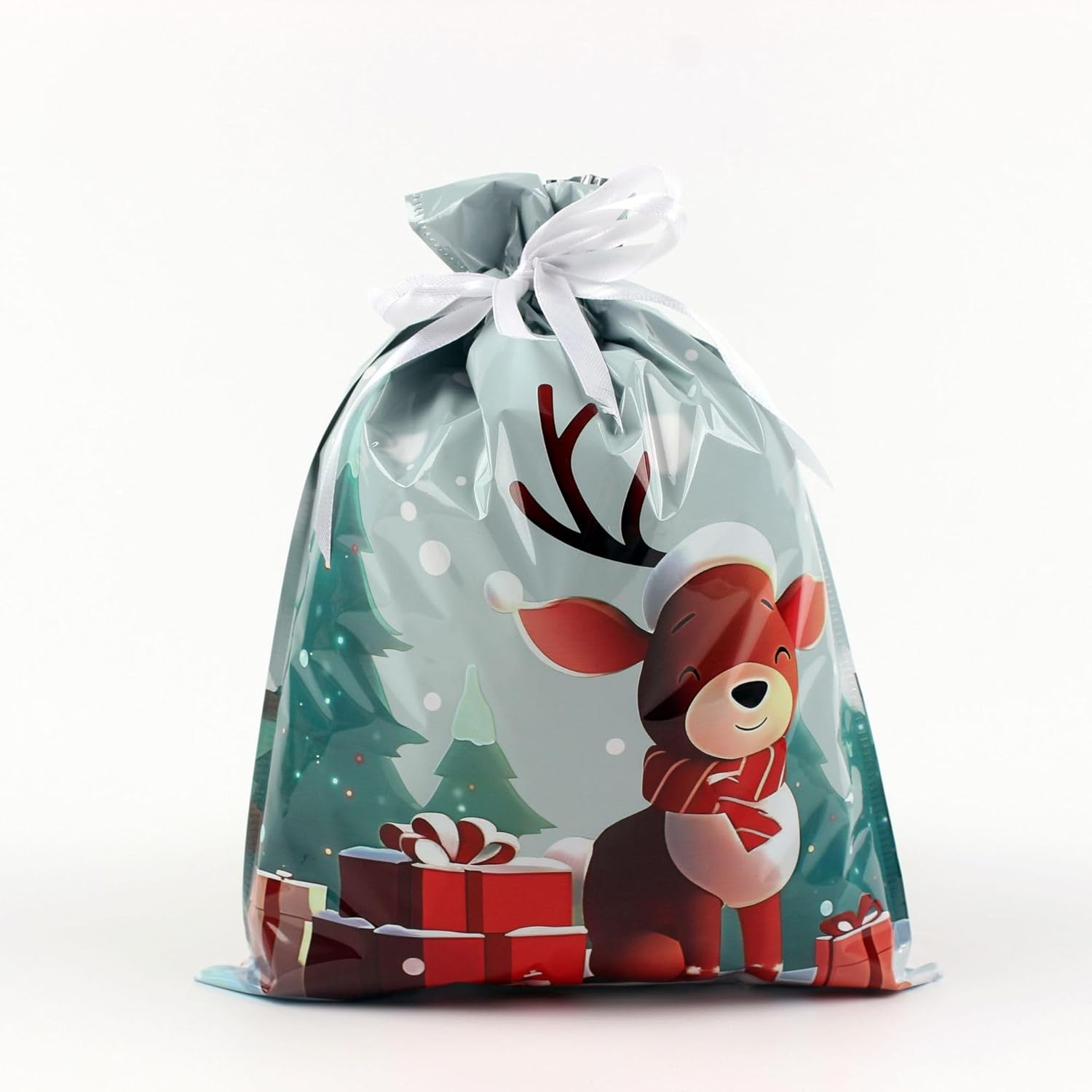 4-Pack Christmas Gift Bags – 24 x 32cm Red & Green Reindeer Drawstring Wrapping Bags, Reusable Holiday Gift Bags for Presents, Toys, Party Favors