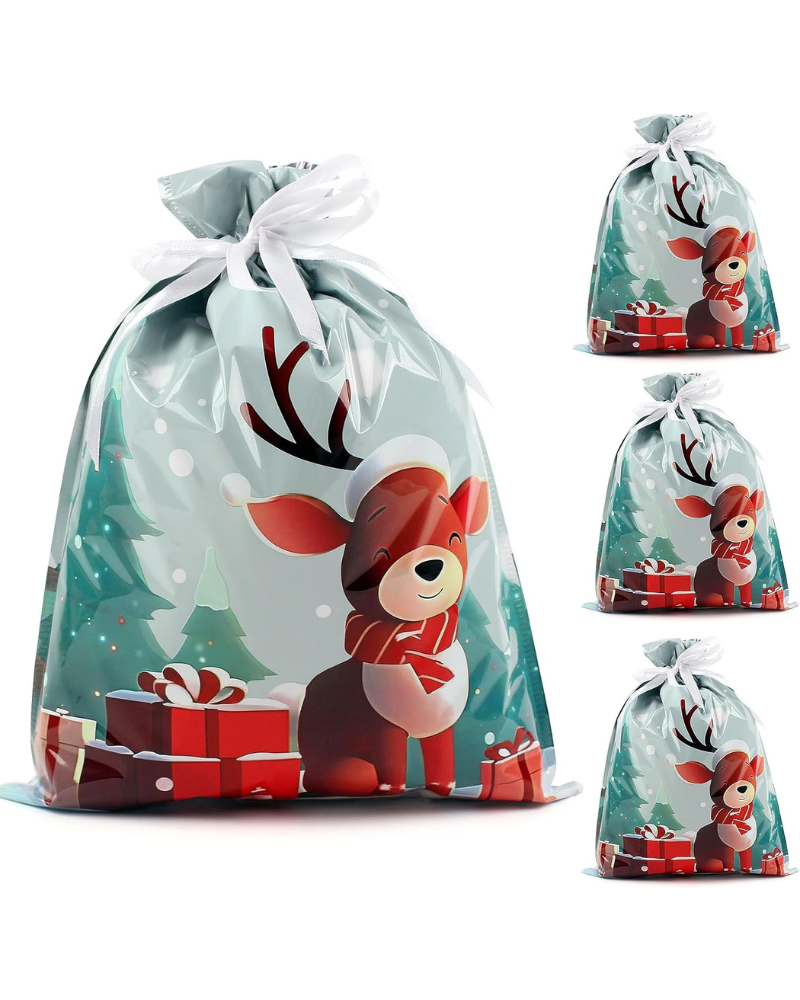 4-Pack Christmas Gift Bags – 24 x 32cm Red & Green Reindeer Drawstring Wrapping Bags, Reusable Holiday Gift Bags for Presents, Toys, Party Favors