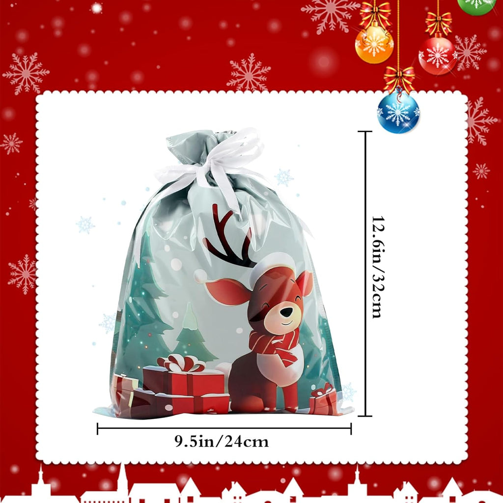 4-Pack Christmas Gift Bags – 24 x 32cm Red & Green Reindeer Drawstring Wrapping Bags, Reusable Holiday Gift Bags for Presents, Toys, Party Favors