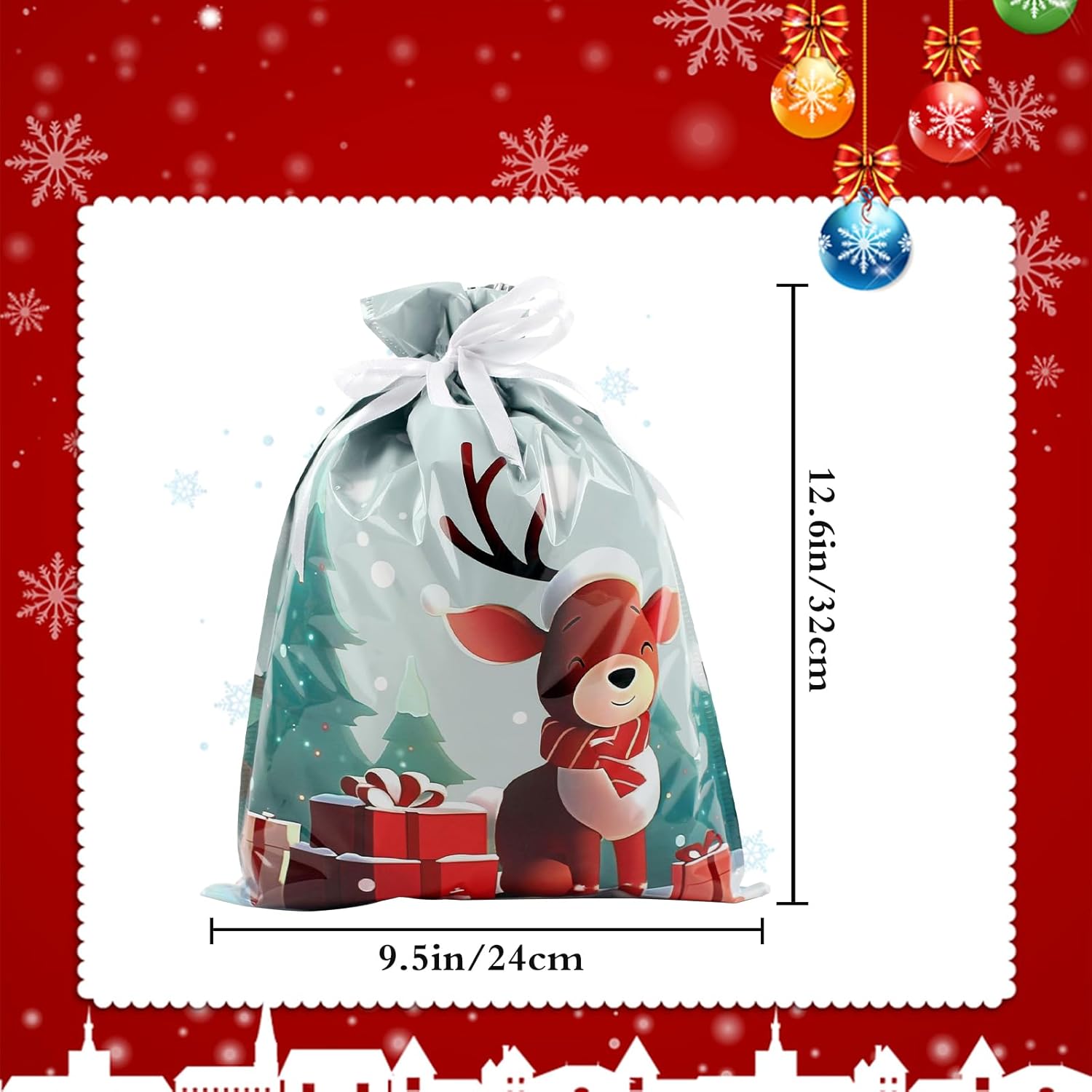 4-Pack Christmas Gift Bags – 24 x 32cm Red & Green Reindeer Drawstring Wrapping Bags, Reusable Holiday Gift Bags for Presents, Toys, Party Favors