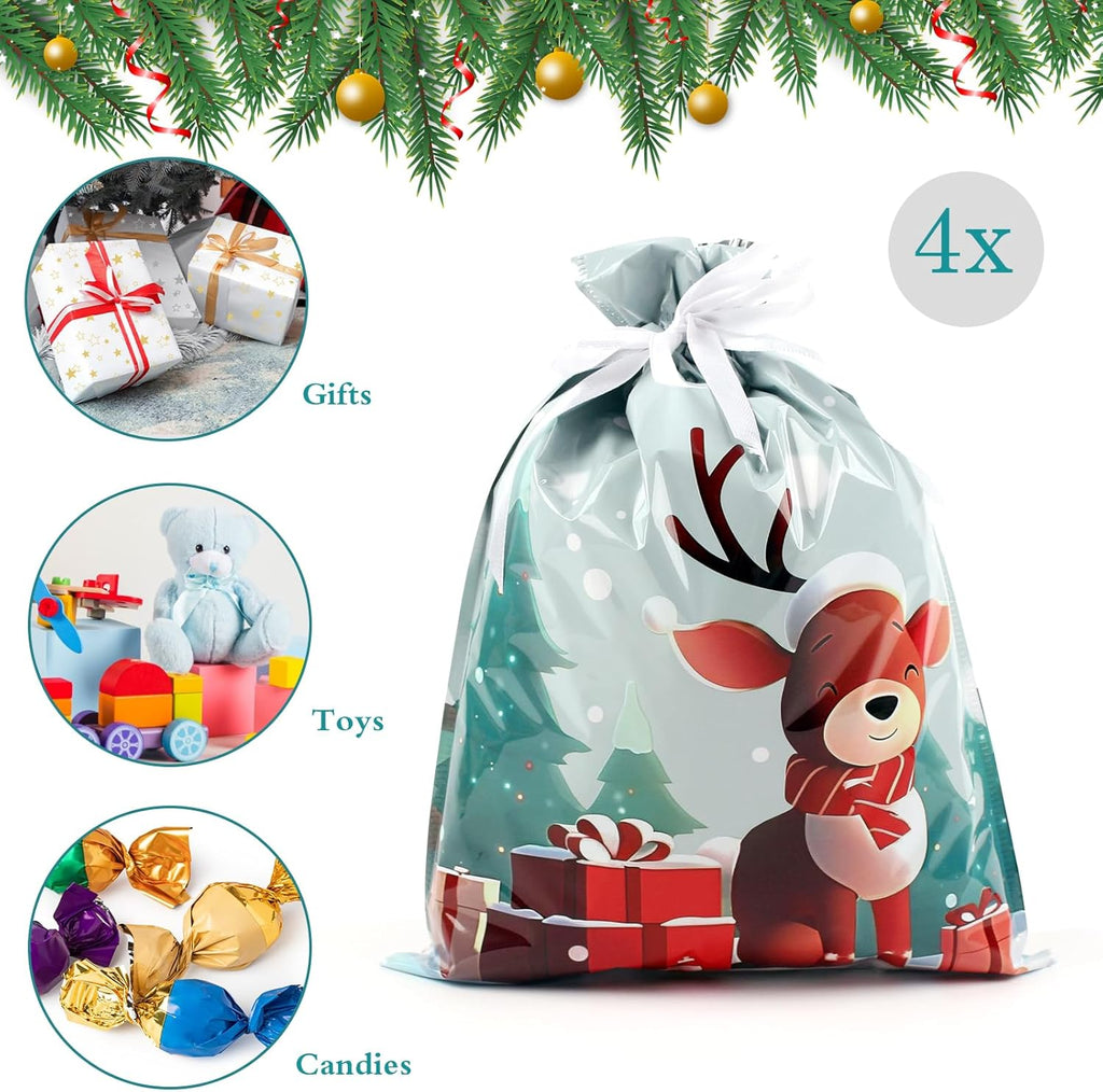 4-Pack Christmas Gift Bags – 24 x 32cm Red & Green Reindeer Drawstring Wrapping Bags, Reusable Holiday Gift Bags for Presents, Toys, Party Favors
