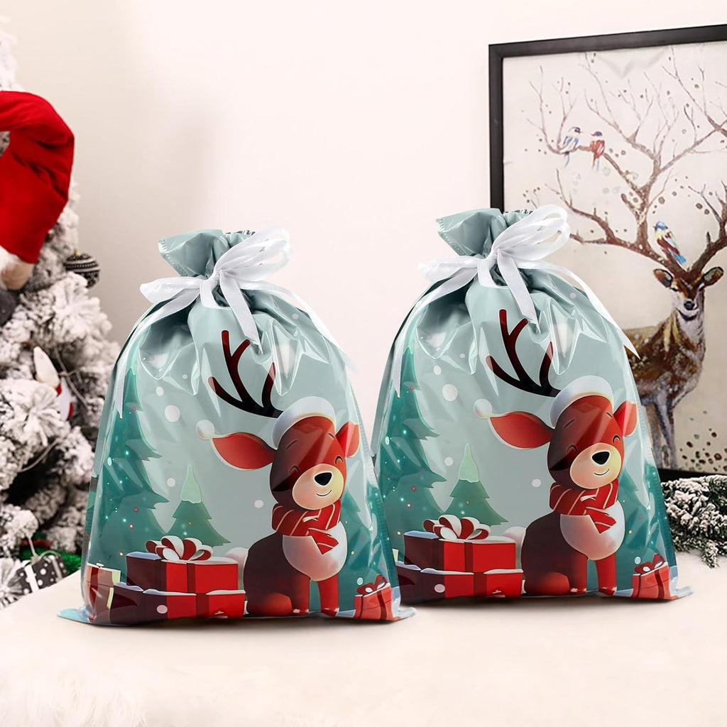 4-Pack Christmas Gift Bags – 24 x 32cm Red & Green Reindeer Drawstring Wrapping Bags, Reusable Holiday Gift Bags for Presents, Toys, Party Favors