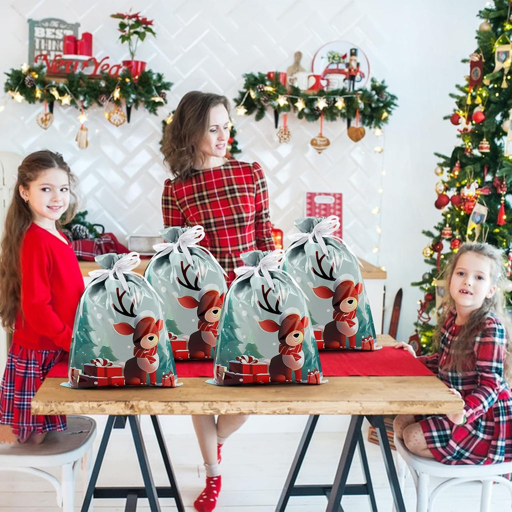 4-Pack Christmas Gift Bags – 24 x 32cm Red & Green Reindeer Drawstring Wrapping Bags, Reusable Holiday Gift Bags for Presents, Toys, Party Favors