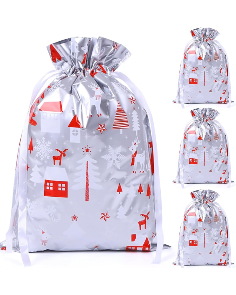 4-Pack Christmas Gift Bags – 29 x 42 cm Silver & Red Drawstring Wrapping Bags, Reusable Holiday Gift Bags for Presents, Toys, Party Favors