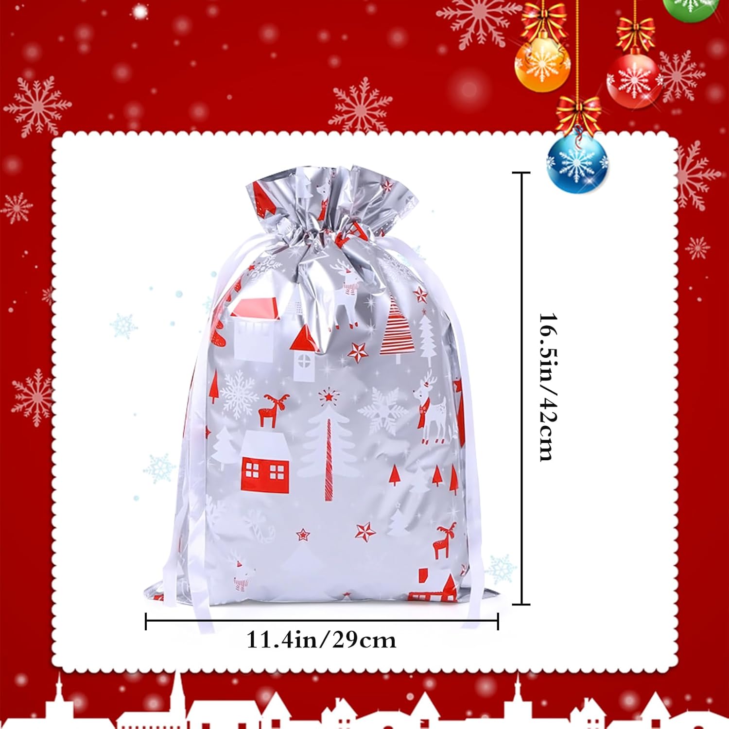 4-Pack Christmas Gift Bags – 29 x 42 cm Silver & Red Drawstring Wrapping Bags, Reusable Holiday Gift Bags for Presents, Toys, Party Favors