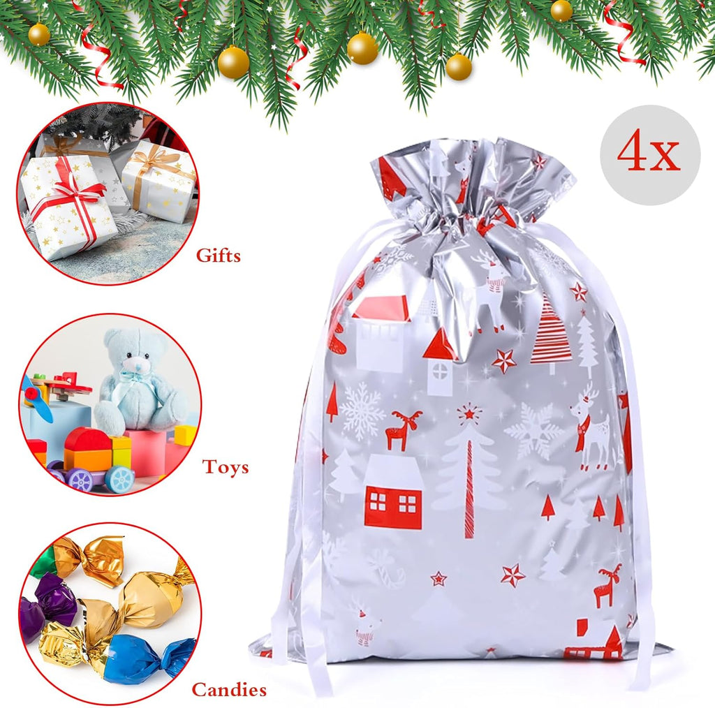 4-Pack Christmas Gift Bags – 29 x 42 cm Silver & Red Drawstring Wrapping Bags, Reusable Holiday Gift Bags for Presents, Toys, Party Favors
