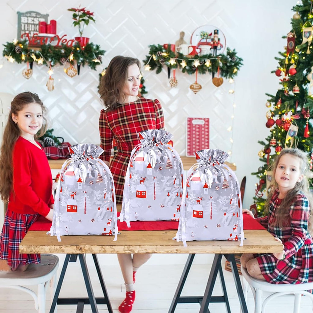 4-Pack Christmas Gift Bags – 29 x 42 cm Silver & Red Drawstring Wrapping Bags, Reusable Holiday Gift Bags for Presents, Toys, Party Favors
