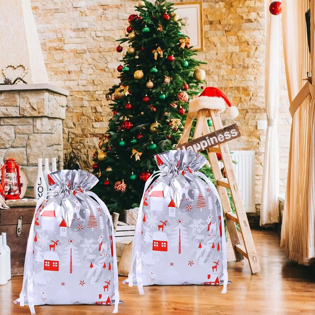 4-Pack Christmas Gift Bags – 29 x 42 cm Silver & Red Drawstring Wrapping Bags, Reusable Holiday Gift Bags for Presents, Toys, Party Favors