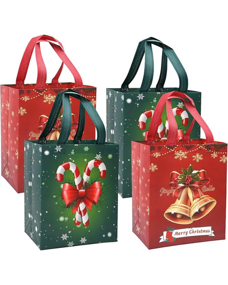4-Pack Christmas Gift Bags with Handles – Large Red & Green Non-Woven Tote Bags with Bells & Candy Design, Reusable Xmas Gift Bags 26×21×12cm