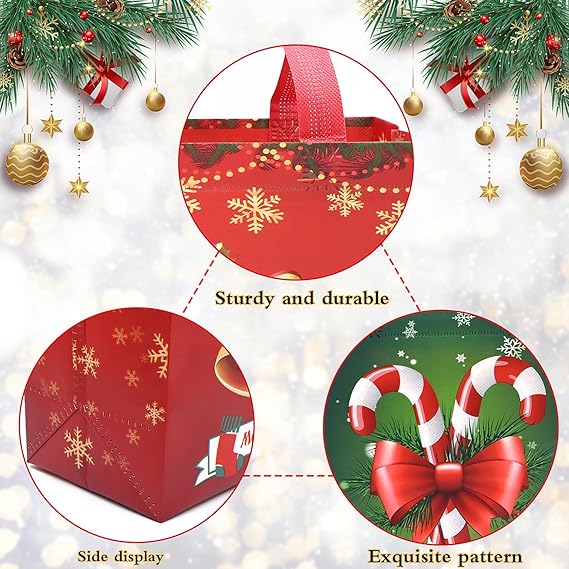 4-Pack Christmas Gift Bags with Handles – Large Red & Green Non-Woven Tote Bags with Bells & Candy Design, Reusable Xmas Gift Bags 26×21×12cm