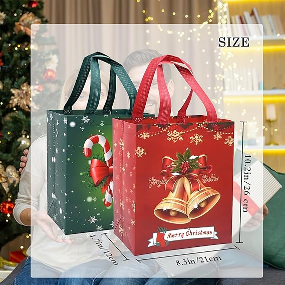 4-Pack Christmas Gift Bags with Handles – Large Red & Green Non-Woven Tote Bags with Bells & Candy Design, Reusable Xmas Gift Bags 26×21×12cm