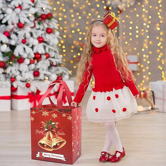 4-Pack Christmas Gift Bags with Handles – Large Red & Green Non-Woven Tote Bags with Bells & Candy Design, Reusable Xmas Gift Bags 26×21×12cm
