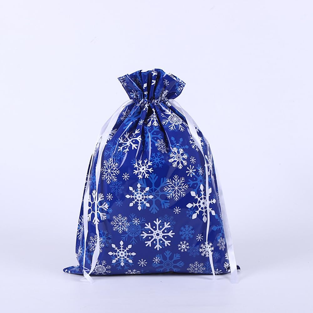 4-Pack Extra Large Christmas Gift Bags – 39 × 51 cm Navy Blue & White Snowflake Drawstring Wrapping Bags, Reusable Holiday Gift Bags for Presents & Toys