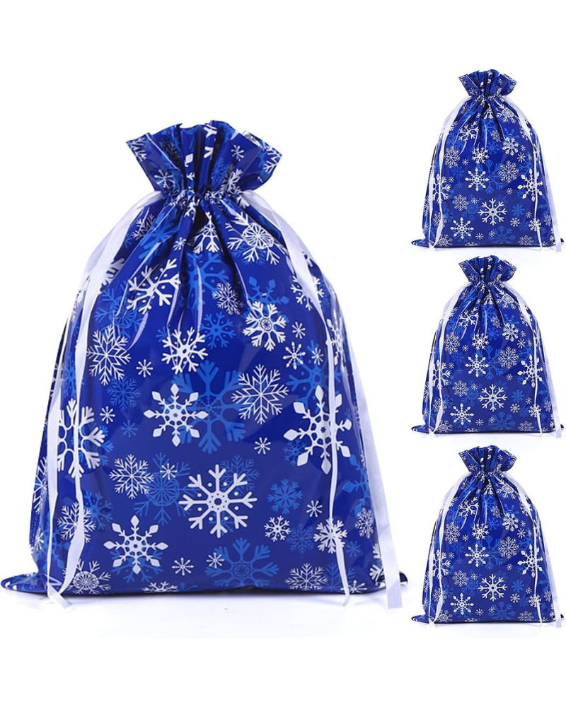 4-Pack Extra Large Christmas Gift Bags – 39 × 51 cm Navy Blue & White Snowflake Drawstring Wrapping Bags, Reusable Holiday Gift Bags for Presents & Toys
