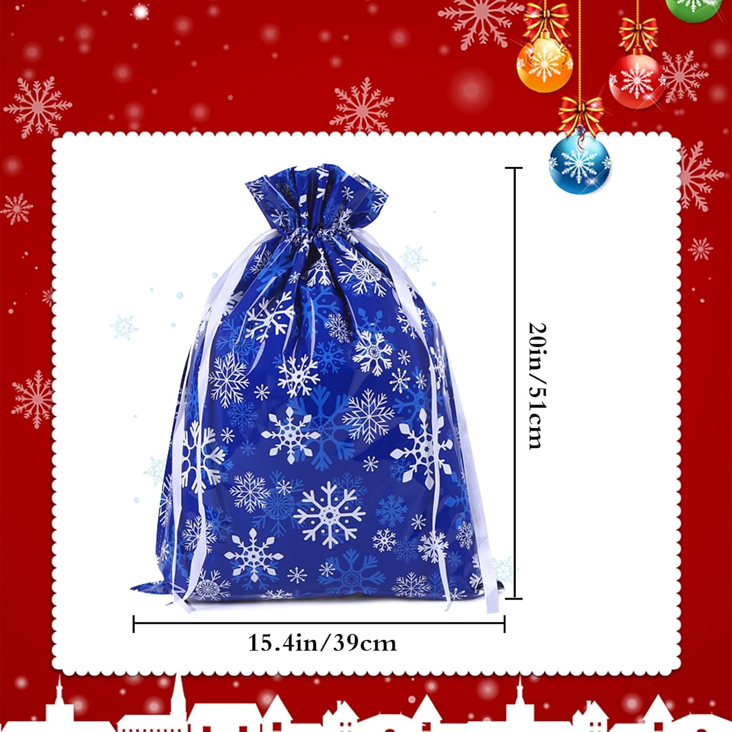 4-Pack Extra Large Christmas Gift Bags – 39 × 51 cm Navy Blue & White Snowflake Drawstring Wrapping Bags, Reusable Holiday Gift Bags for Presents & Toys
