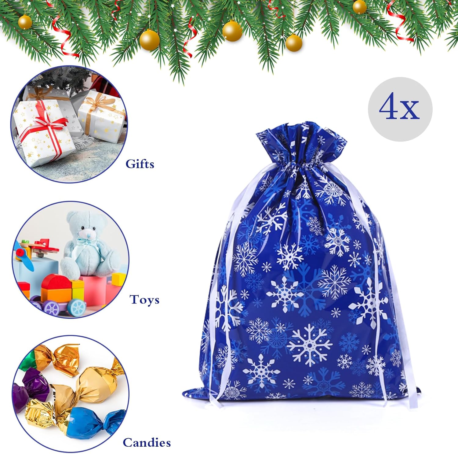 4-Pack Extra Large Christmas Gift Bags – 39 × 51 cm Navy Blue & White Snowflake Drawstring Wrapping Bags, Reusable Holiday Gift Bags for Presents & Toys