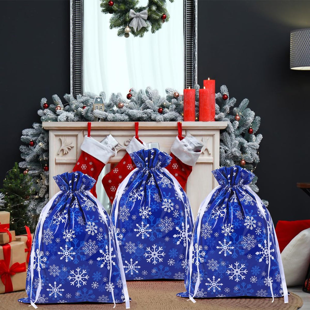 4-Pack Extra Large Christmas Gift Bags – 39 × 51 cm Navy Blue & White Snowflake Drawstring Wrapping Bags, Reusable Holiday Gift Bags for Presents & Toys