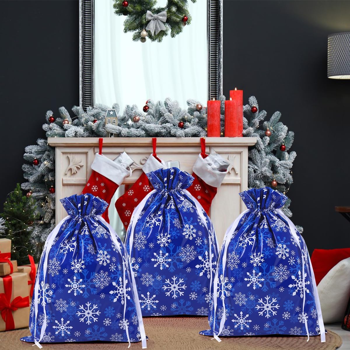 4-Pack Extra Large Christmas Gift Bags – 39 × 51 cm Navy Blue & White Snowflake Drawstring Wrapping Bags, Reusable Holiday Gift Bags for Presents & Toys