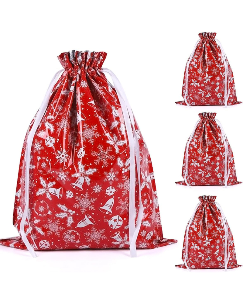 4-Pack Extra Large Christmas Gift Bags – 43 x 58cm Red & White Drawstring Wrapping Bags, Reusable Holiday Gift Bags for Presents, Toys, Party Favors