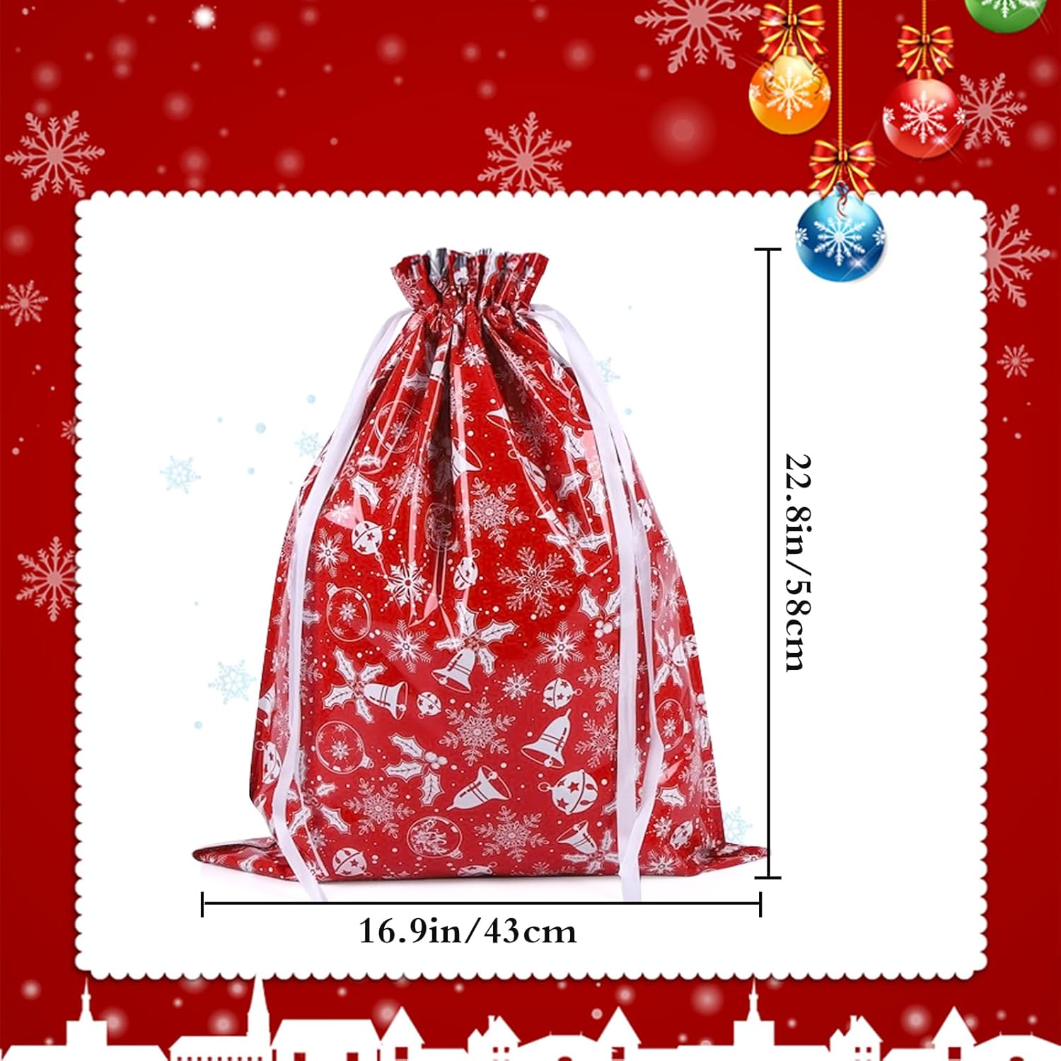 4-Pack Extra Large Christmas Gift Bags – 43 x 58cm Red & White Drawstring Wrapping Bags, Reusable Holiday Gift Bags for Presents, Toys, Party Favors