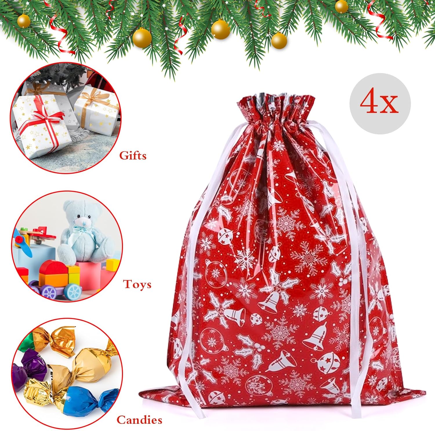 4-Pack Extra Large Christmas Gift Bags – 43 x 58cm Red & White Drawstring Wrapping Bags, Reusable Holiday Gift Bags for Presents, Toys, Party Favors