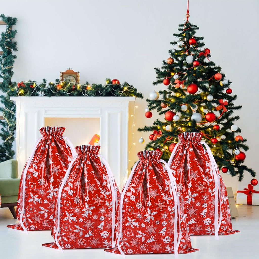 4-Pack Extra Large Christmas Gift Bags – 43 x 58cm Red & White Drawstring Wrapping Bags, Reusable Holiday Gift Bags for Presents, Toys, Party Favors