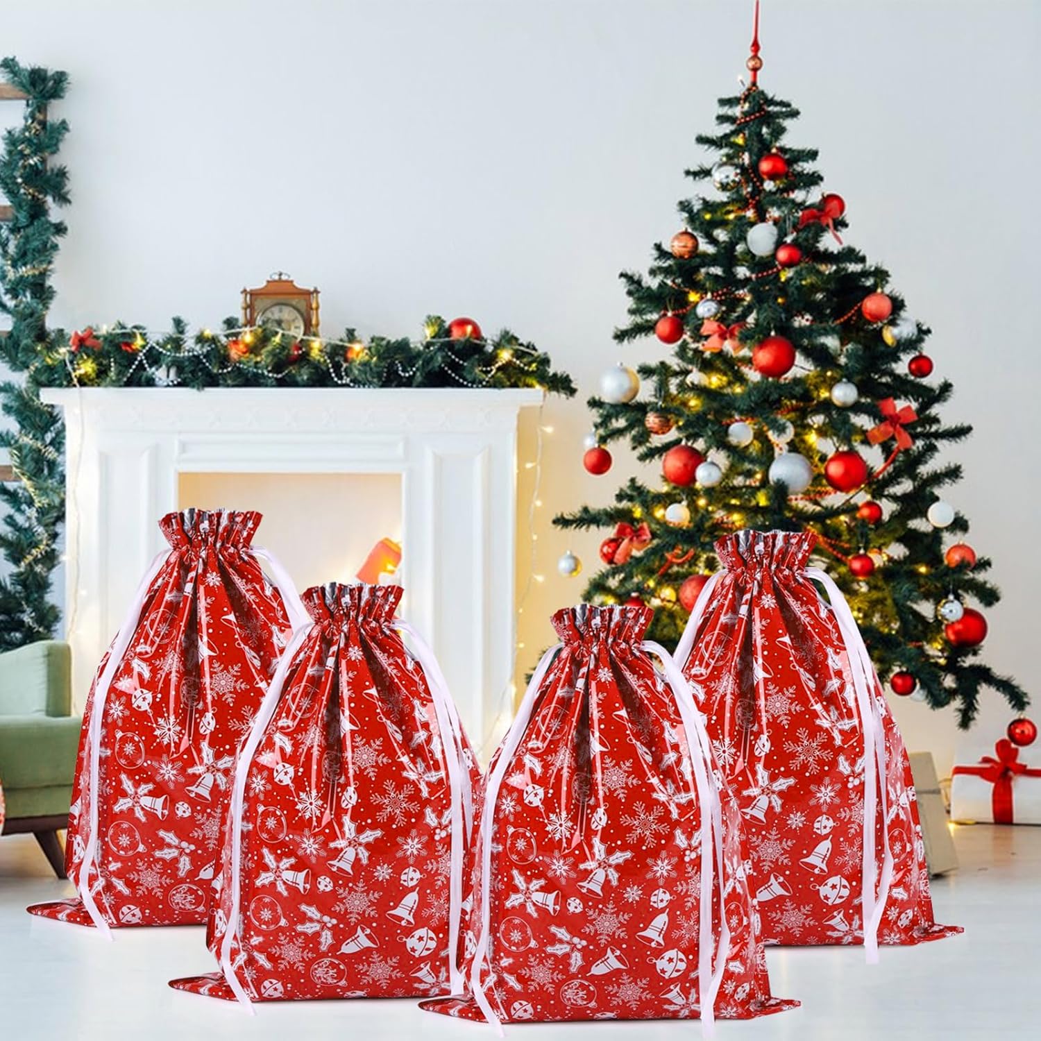 4-Pack Extra Large Christmas Gift Bags – 43 x 58cm Red & White Drawstring Wrapping Bags, Reusable Holiday Gift Bags for Presents, Toys, Party Favors