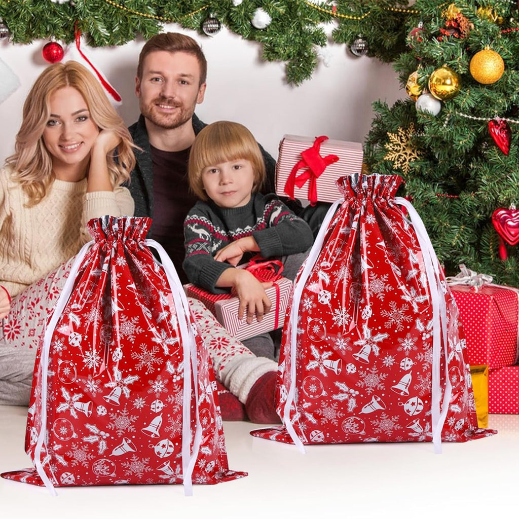 4-Pack Extra Large Christmas Gift Bags – 43 x 58cm Red & White Drawstring Wrapping Bags, Reusable Holiday Gift Bags for Presents, Toys, Party Favors