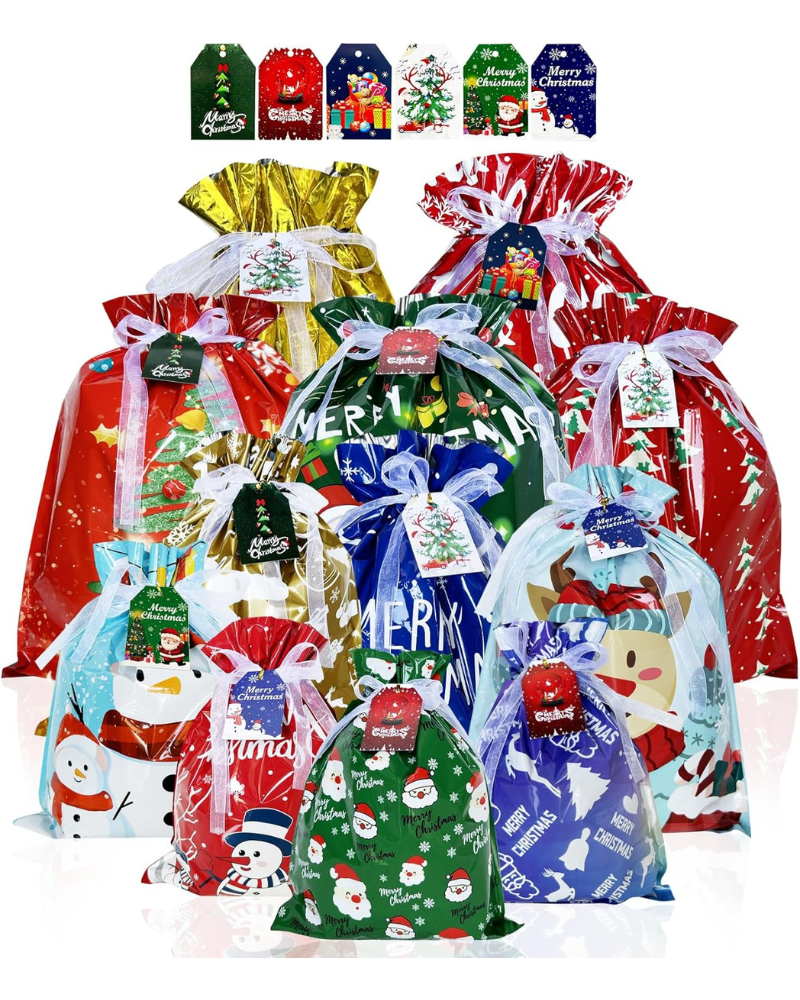 40-Pack Christmas Drawstring Gift Bags with Tags – Assorted Sizes Small, Medium, Large & Jumbo Xmas Goody, Treat & Present Wrapping Bags for Holiday Parties
