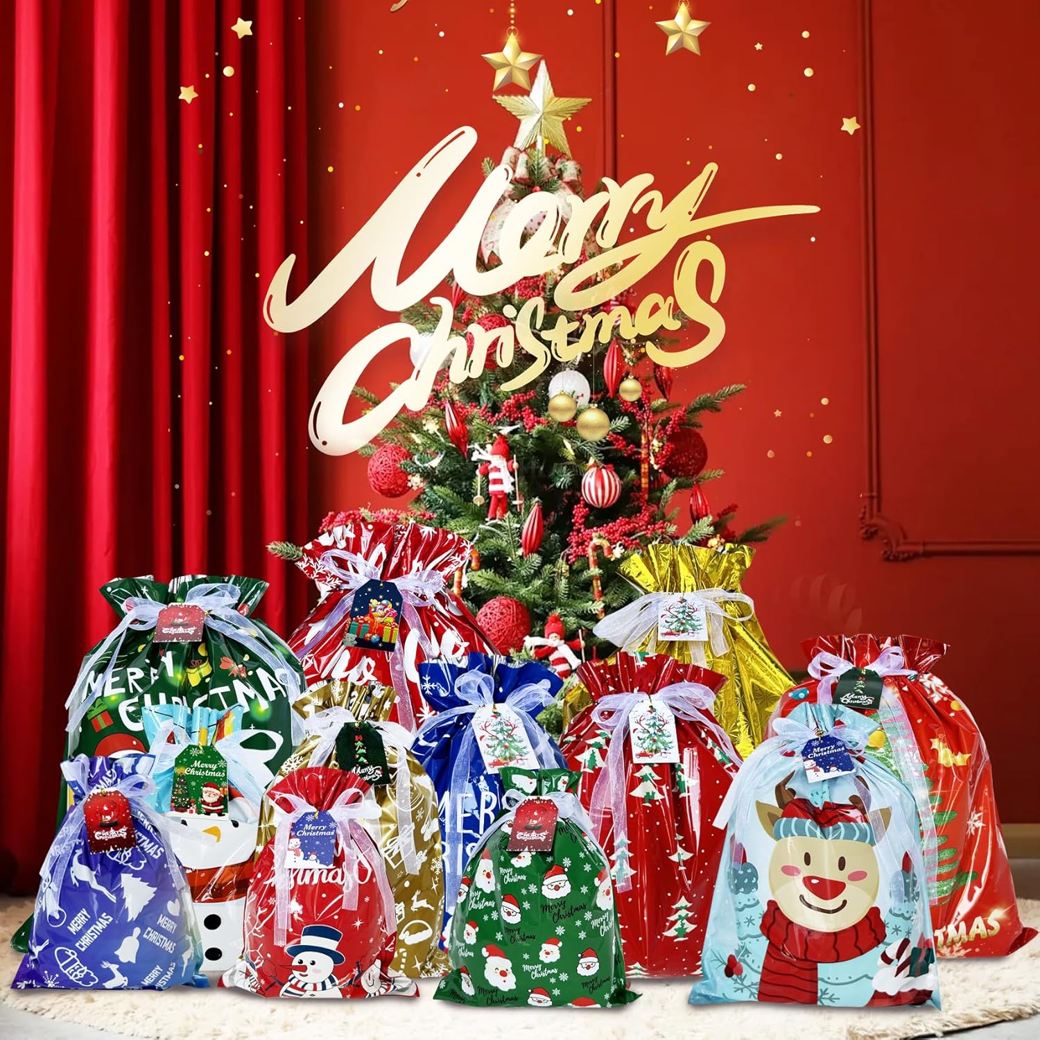 40-Pack Christmas Drawstring Gift Bags with Tags – Assorted Sizes Small, Medium, Large & Jumbo Xmas Goody, Treat & Present Wrapping Bags for Holiday Parties
