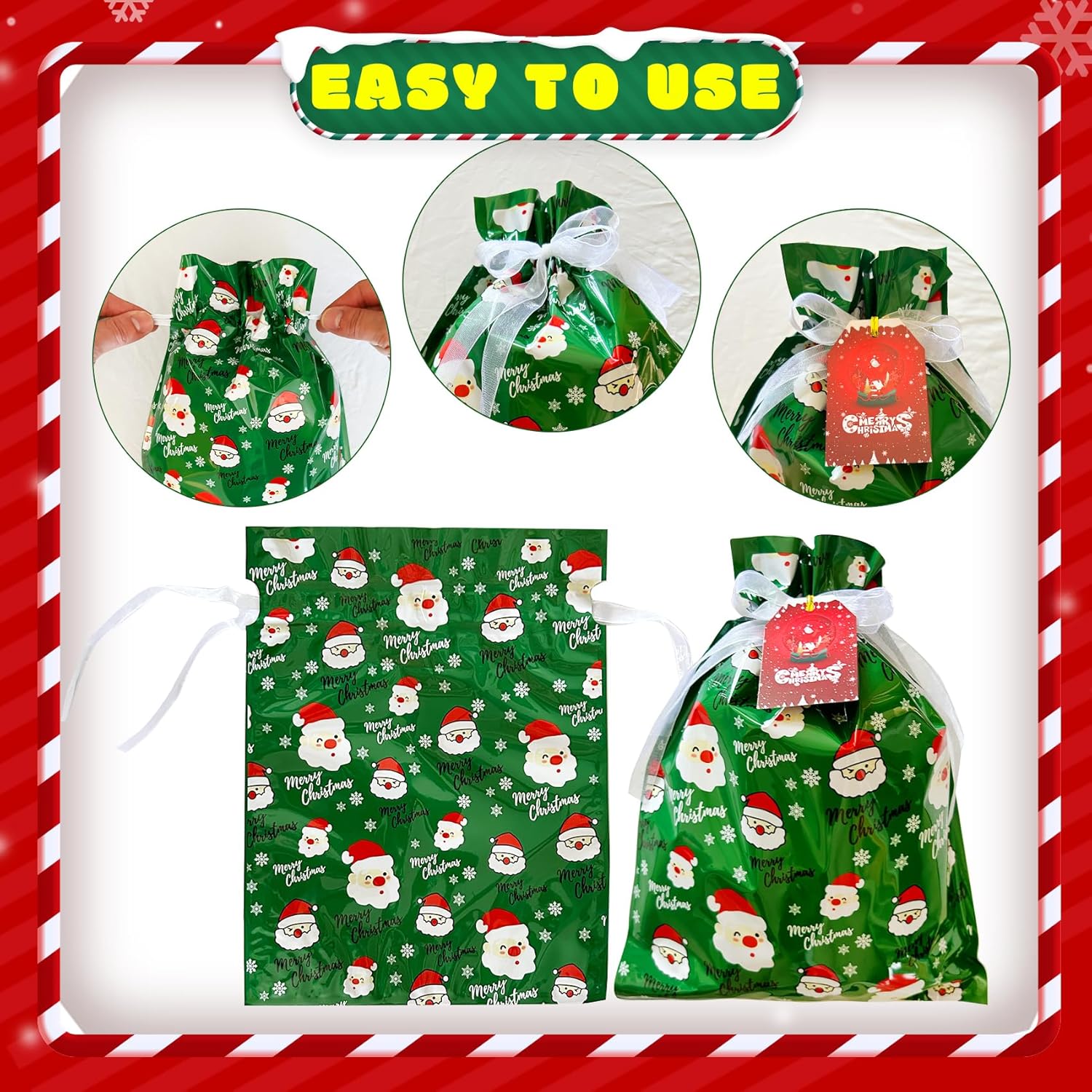 40-Pack Christmas Drawstring Gift Bags with Tags – Assorted Sizes Small, Medium, Large & Jumbo Xmas Goody, Treat & Present Wrapping Bags for Holiday Parties