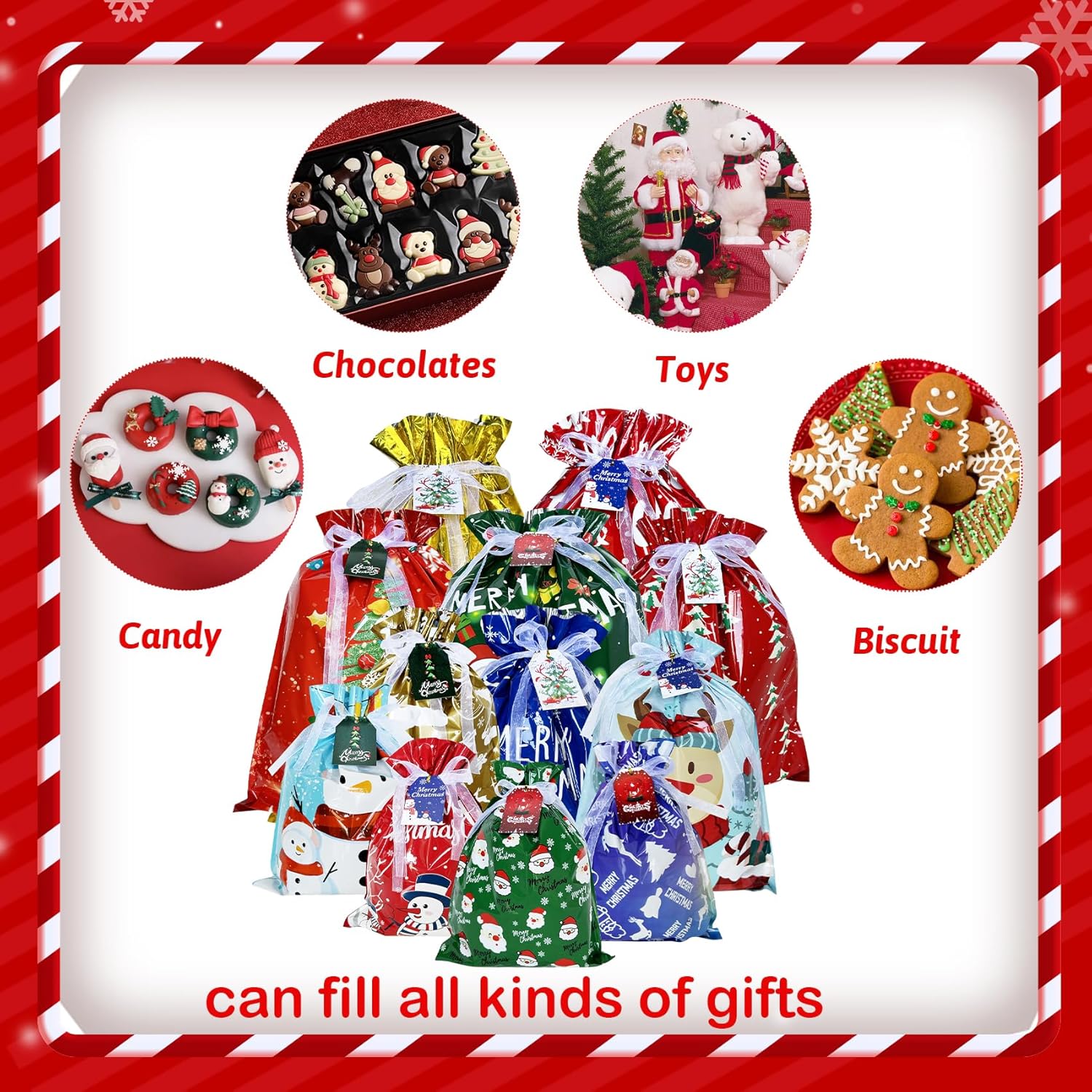 40-Pack Christmas Drawstring Gift Bags with Tags – Assorted Sizes Small, Medium, Large & Jumbo Xmas Goody, Treat & Present Wrapping Bags for Holiday Parties