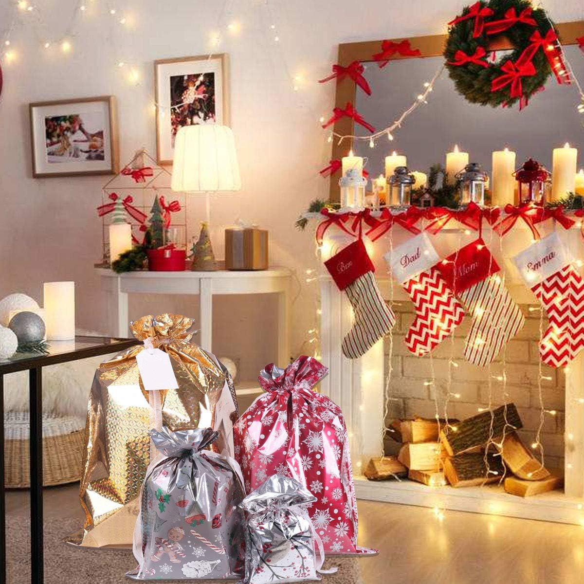 40 Pack Christmas Gift Bags – 4 Designs, 4 Sizes with Drawstring Ribbons & 50 Gift Tags | Reusable Santa Wrapping Bags for Holiday Presents, Party Favors & Christmas Decorations